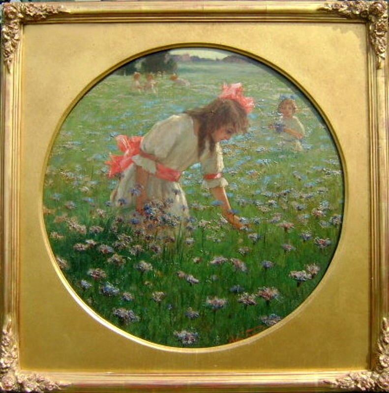 IMP1 Impressionist Albert Duvannes Oil Painting Girls & Wildflowers (frame & painting) approx 18 inch diameter (1)